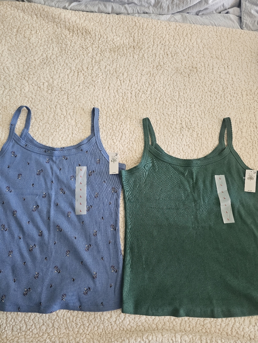 Old Navy Blue Floral Ribbed Tank & Green Ribbed Tank Duo